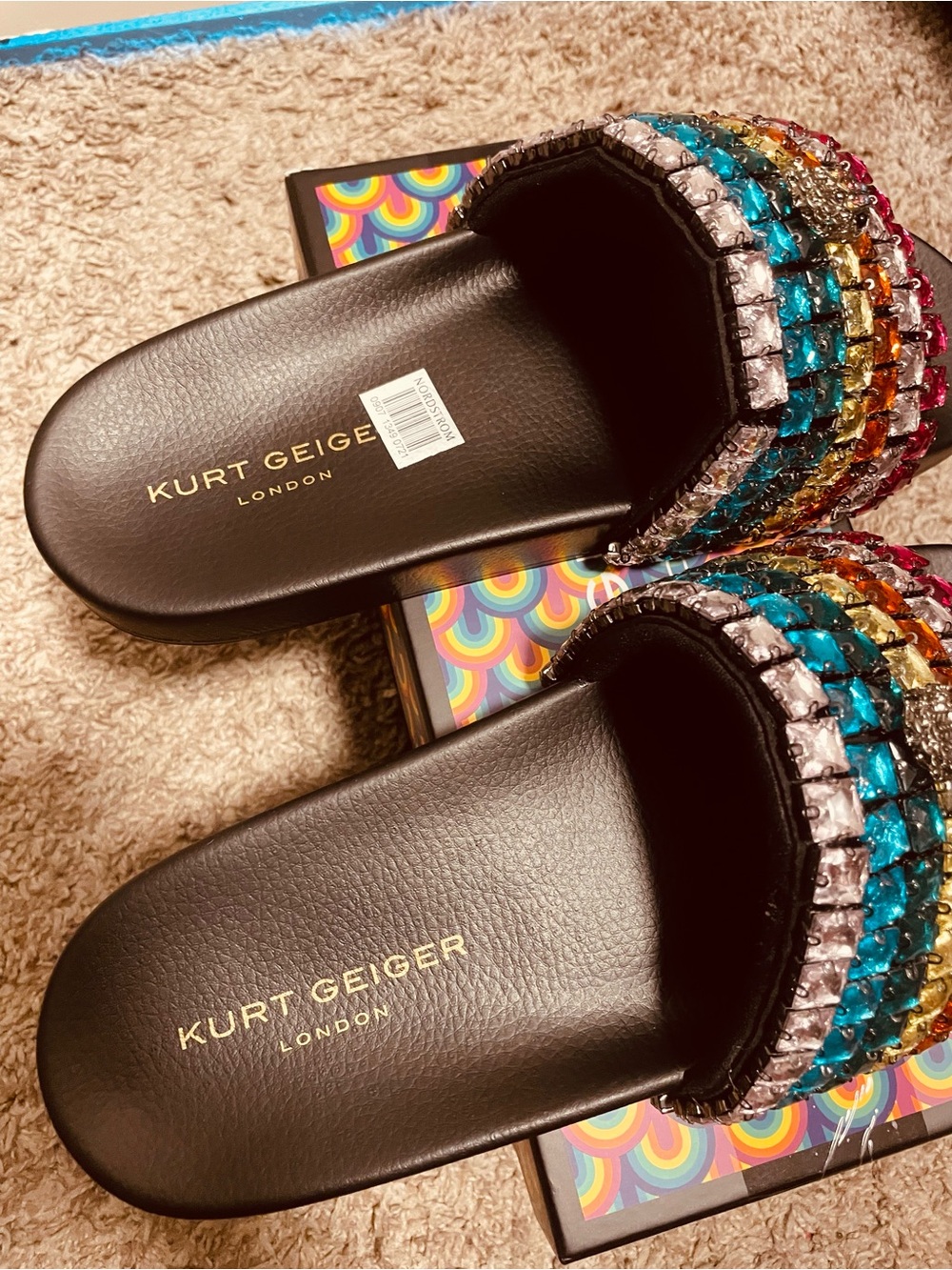 Kurt Geiger Black Slide Sandals with Multicolor Crystal Straps - Picture 2 of 5